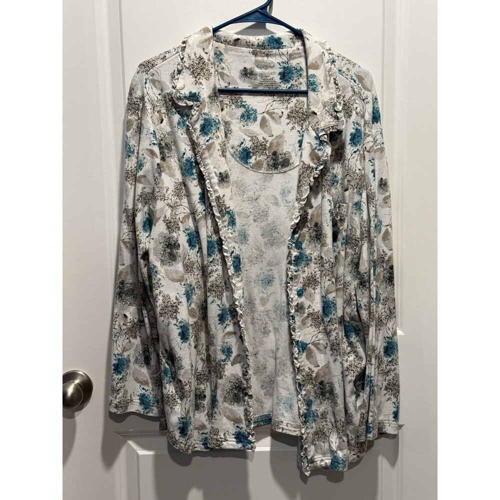 Cabernet Floral Teal Lightweight Cardigan 3X Sweatshirt Ruffle Trim White Beige